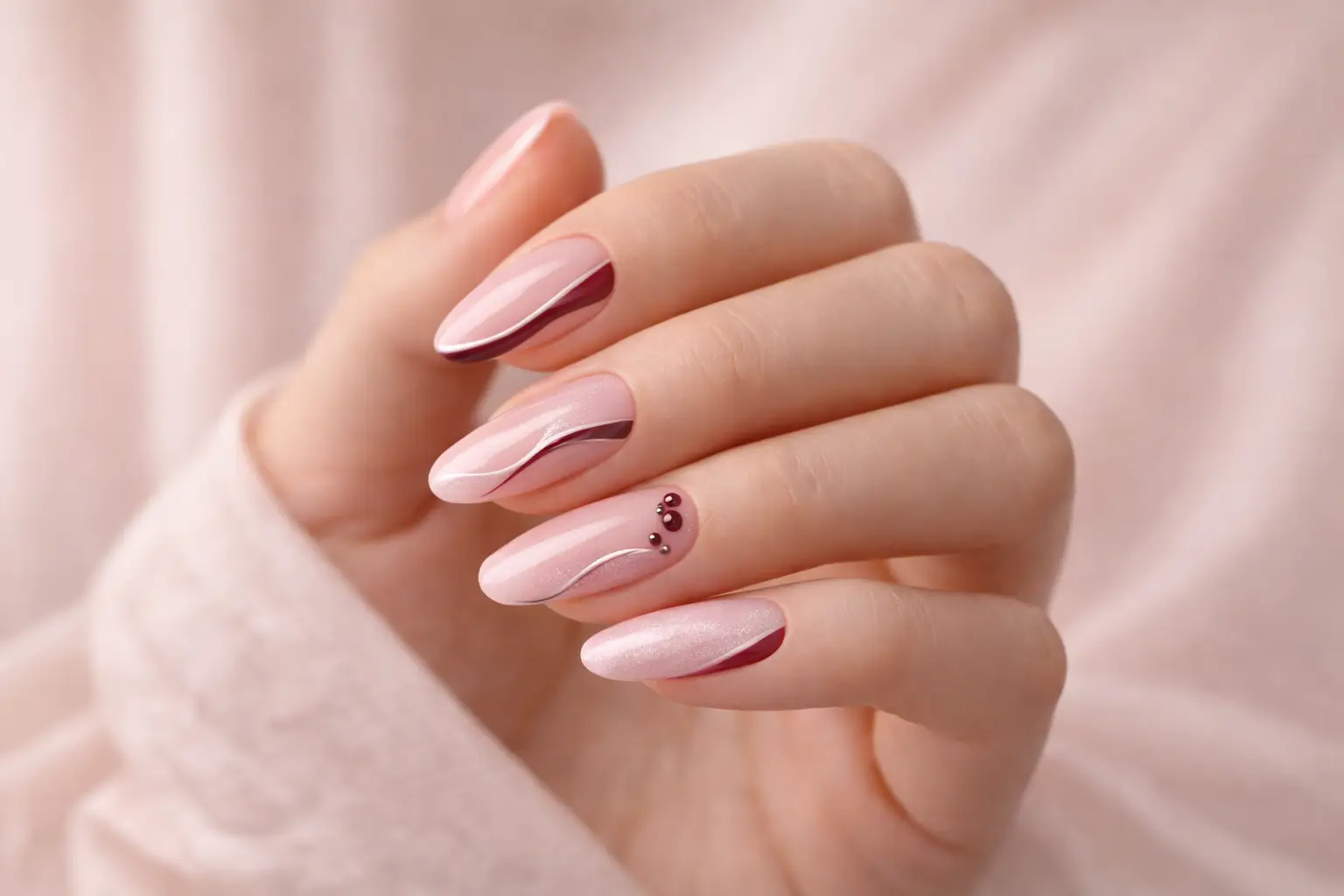 Vrouw met acryl nagels met een elegante nail art in de kleuren bordeaux paars