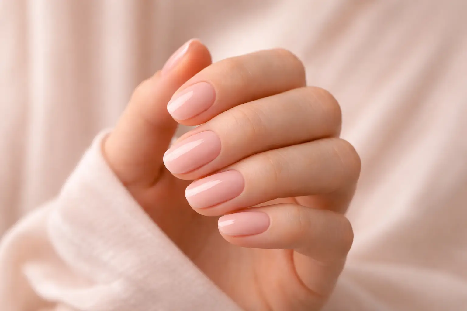 Vrouw met BIAB builder nagels op kunstnagel in een natuurlijke gellak